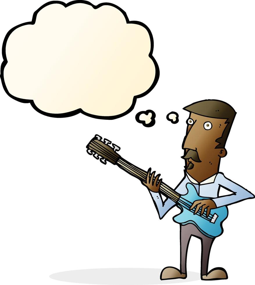 cartoon man playing electric guitar with thought bubble vector