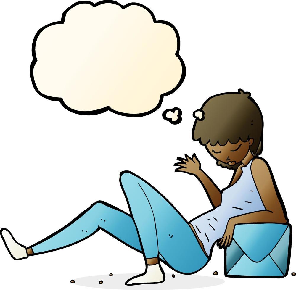 caricatura, mujer, reclinado, paquete, caja, con, burbuja del pensamiento vector