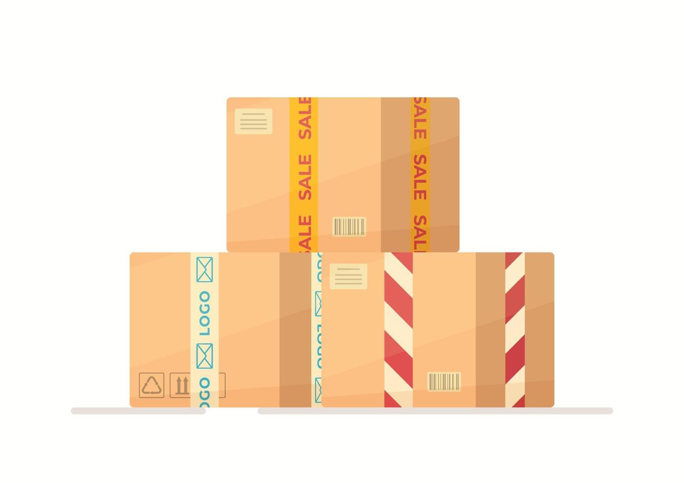 Vector illustration of a warehouse of boxes at the post office. Delivery all over the world. Ordering goods from the Internet. Packing parcels.