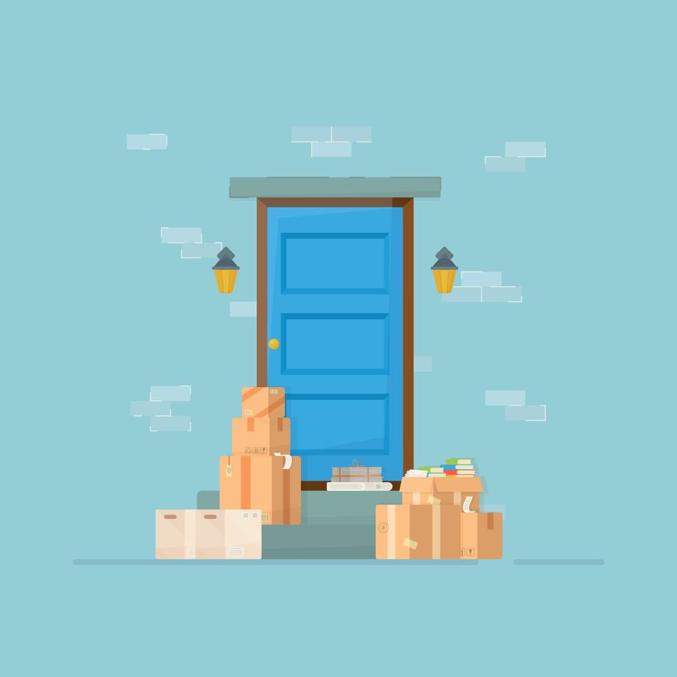 Parcel bag and shopping bags in the front door. Drawing on a blue background. Vector illustration of boxes.