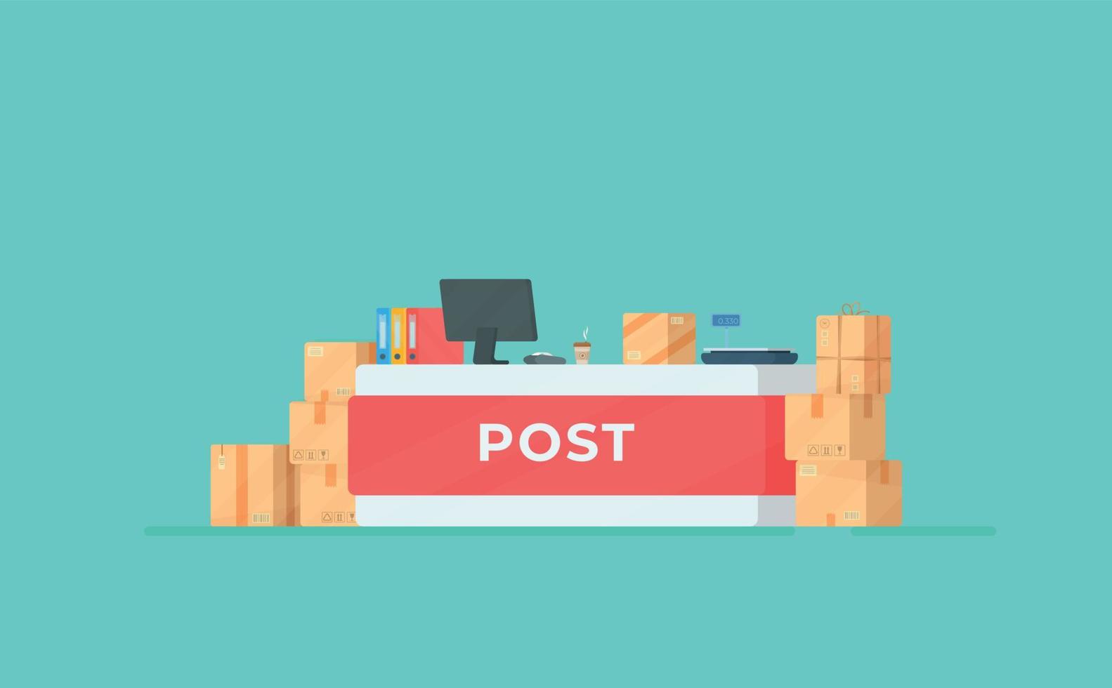 Post Office. Vector illustration of a cash register. Drawing on blue background.