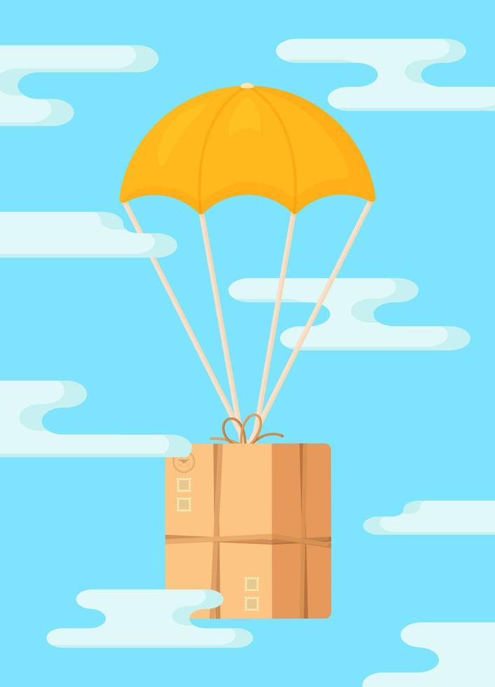 Vector illustration of an isolated balloon parcel in the clouds. Fast and unusual delivery in the sky. Isolated object on blue background.