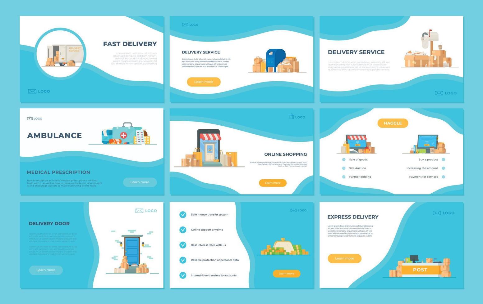 Vector illustration of a set of designs about shipping. Storage warehouses and shipping boxes. Shipping site.