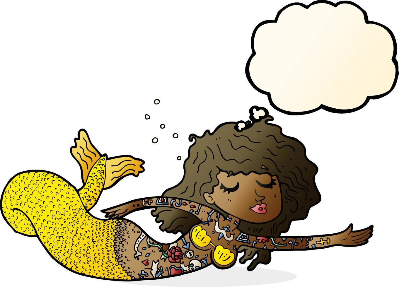 cartoon mermaid covered in tattoos with thought bubble vector