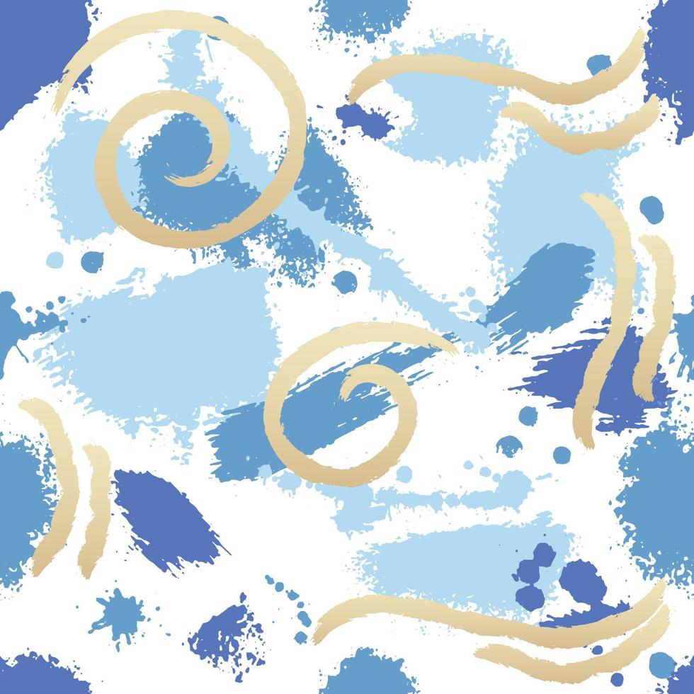Abstract hand drawn geometric seamless pattern or background with brush painted textures, elements. Fashion grunge collage Poster, postcard, textile, wallpaper template. Gold, blue and white vector