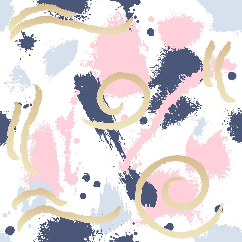 Abstract hand drawn geometric seamless pattern or background with brush painted textures, elements. Fashion grunge collage Poster, postcard, textile, wallpaper template. Gold, blue, pink and white vector