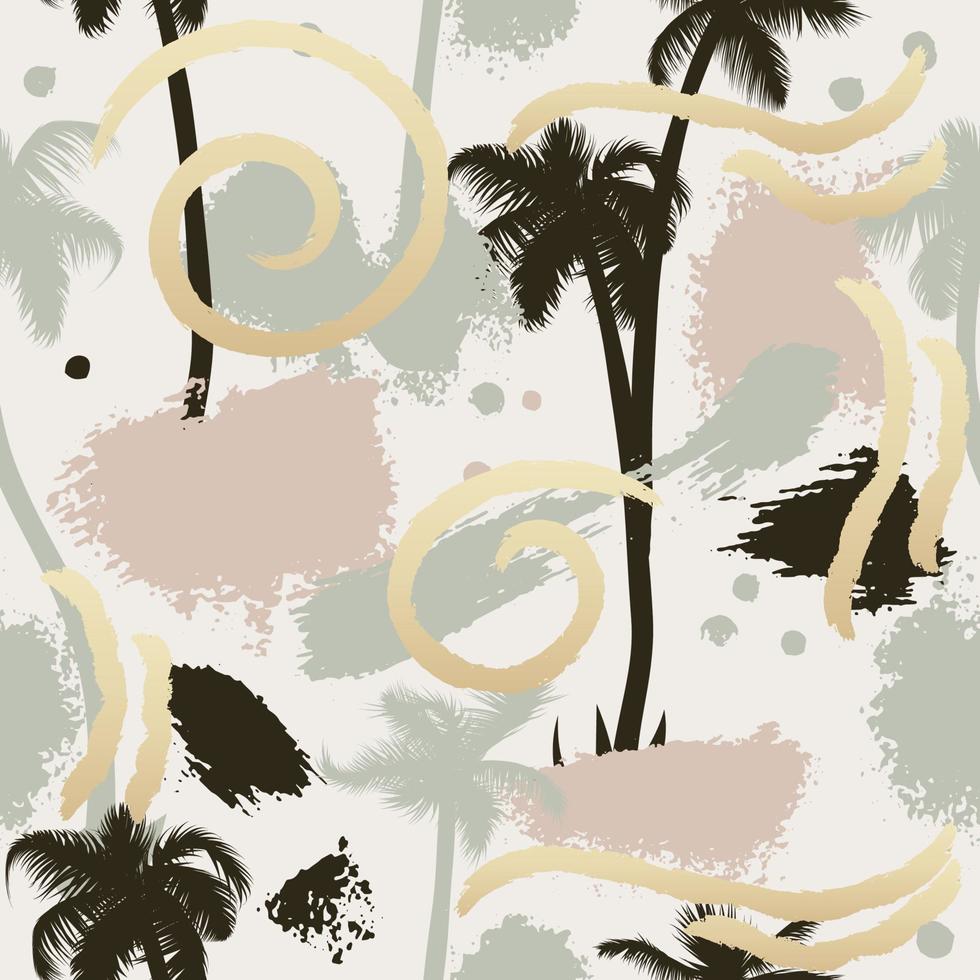 Abstract hand drawn tropical palm tree seamless pattern or background, brush painted textures, elements. Fashion grunge collage. Postcard, textile, wallpaper template. Gold, pink, black and beige vector