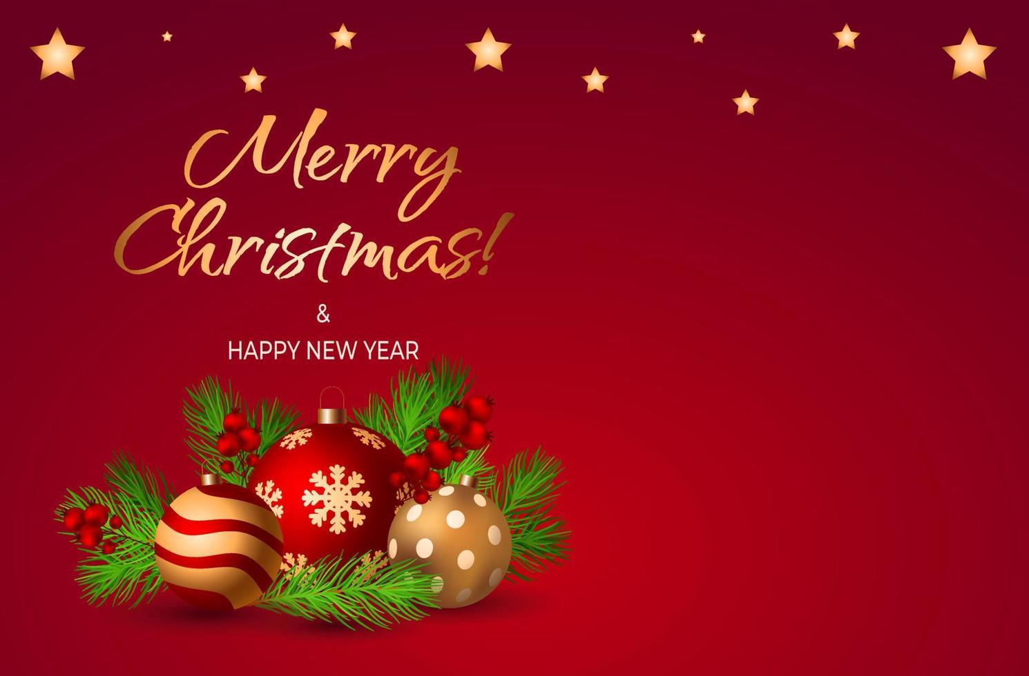 Merry Christmas and Happy New Year red promotional poster or banner design scene with balls and fir tree branch with berries for retail, shopping or christmas promotion. Luxury gold text. Copy space. vector