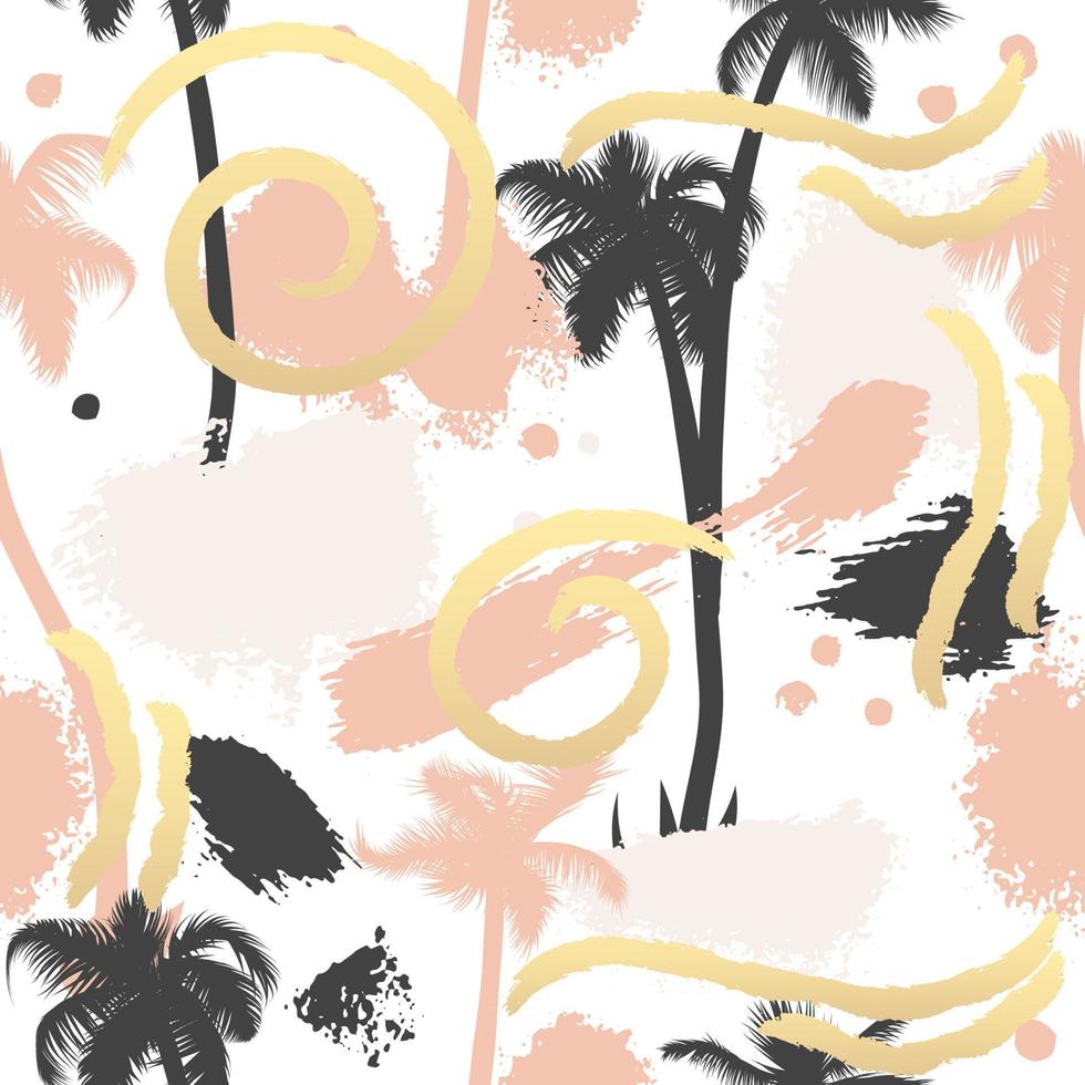 Abstract hand drawn tropical palm tree seamless pattern or background, brush painted textures, elements. Fashion grunge collage. Postcard, textile, wallpaper template. Gold, pink, black and white vector