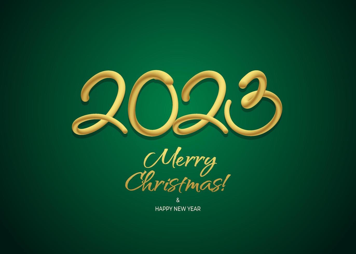 Happy new year 3d 2023 greeting wallpaper vector template. Merry Christmas design greeting text with christmas decor on a green background with luxury gold.