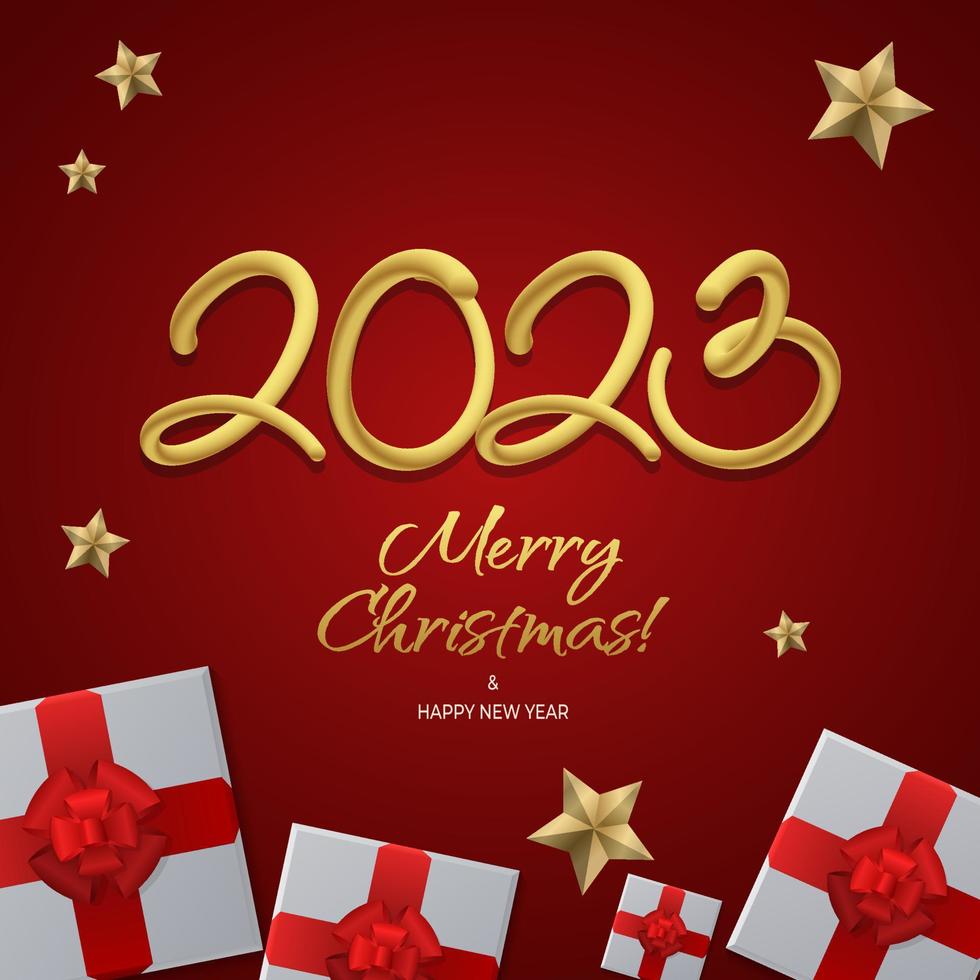 feliz año nuevo 2023 plantillas de vectores de saludo. feliz texto de saludo de diseño navideño con coloridos elementos de decoración navideña como un regalo, estrellas sobre un fondo rojo con oro de lujo.