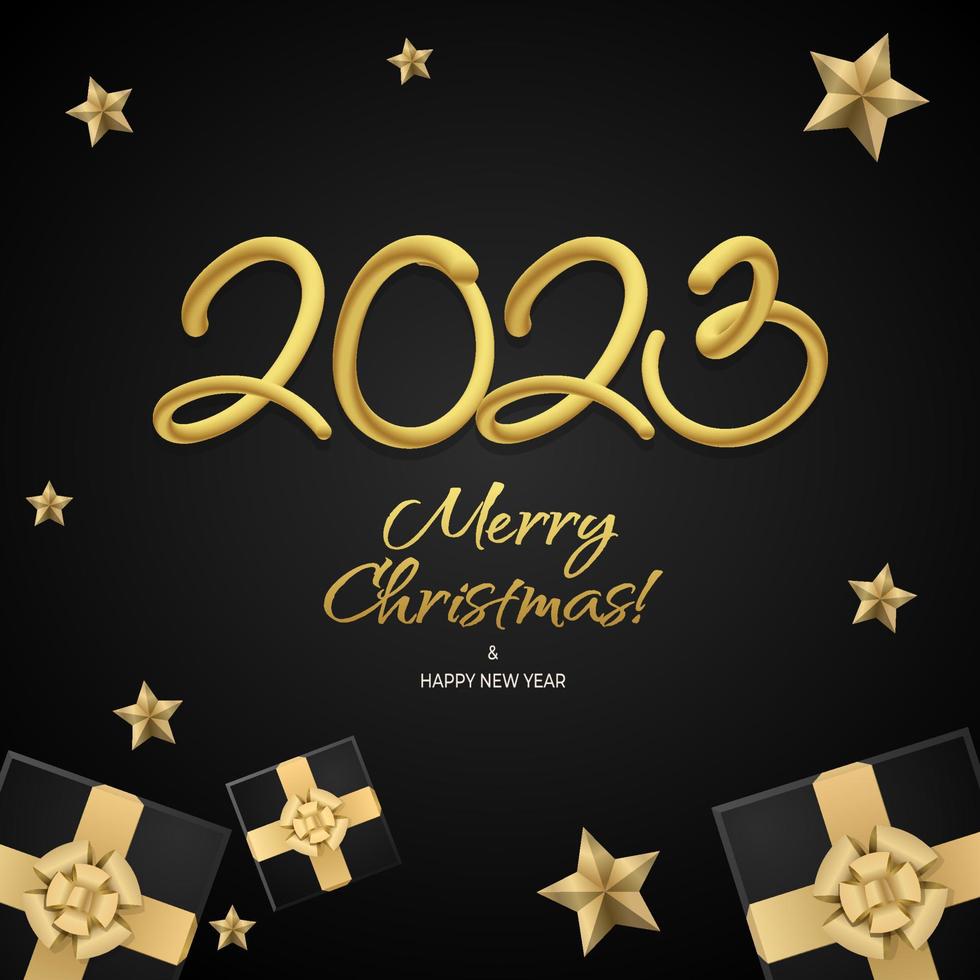 Happy new year 2023 greeting vector templates. Merry Christmas design greeting text with colorful christmas decor elements such as a gift, stars on a black background with luxury gold.