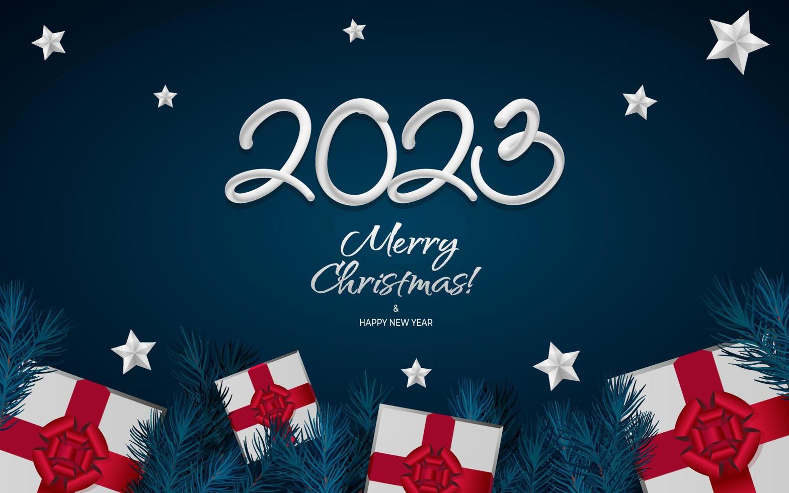 feliz año nuevo 2023 plantillas de vectores de saludo. texto de saludo de diseño de feliz navidad con coloridos elementos de decoración de navidad regalo, rama de abeto, estrellas sobre un fondo azul con plata de lujo