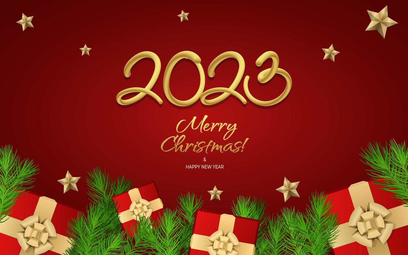 feliz año nuevo 2023 plantillas de vectores de saludo. texto de saludo de diseño de feliz navidad con coloridos elementos de decoración de navidad como un regalo, rama de abeto, estrellas sobre un fondo rojo con oro de lujo.