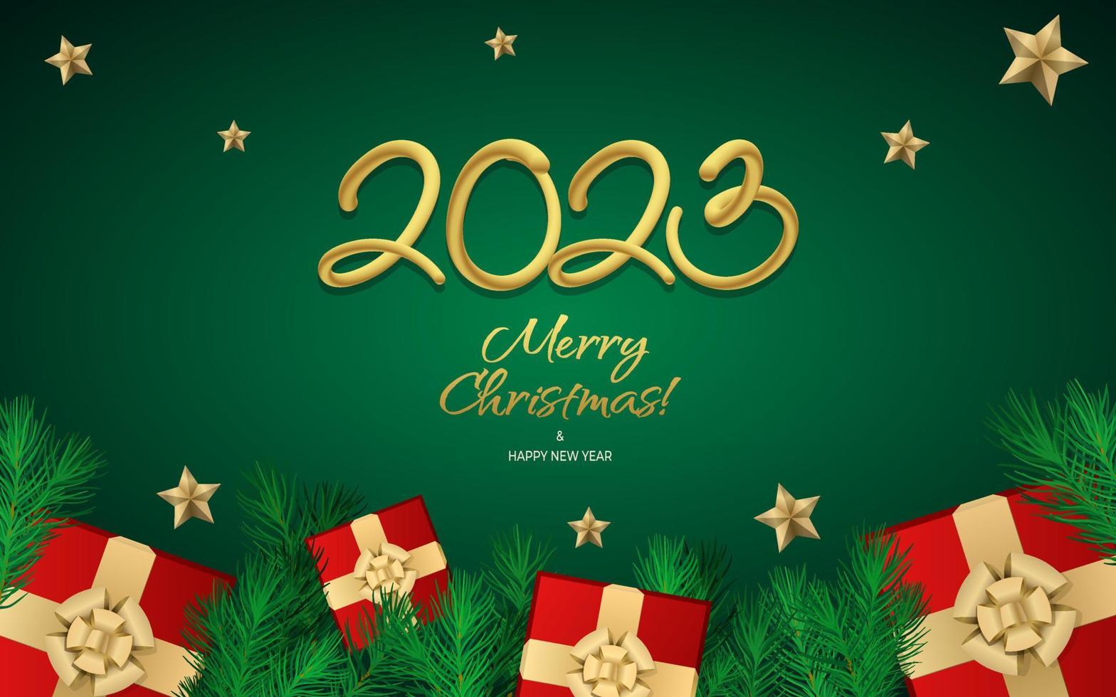 feliz año nuevo 2023 plantillas de vectores de saludo. texto de saludo de diseño de feliz navidad con coloridos elementos de decoración de navidad regalo, rama de abeto, estrellas sobre un fondo verde con oro de lujo.