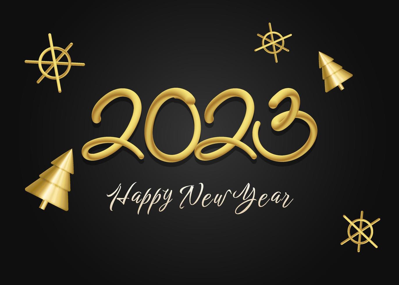 Happy new year 3d 2023 greeting wallpaper vector template. Merry Christmas design greeting text with christmas decor snowflakes, 3d golden pine on a black background with luxury gold.