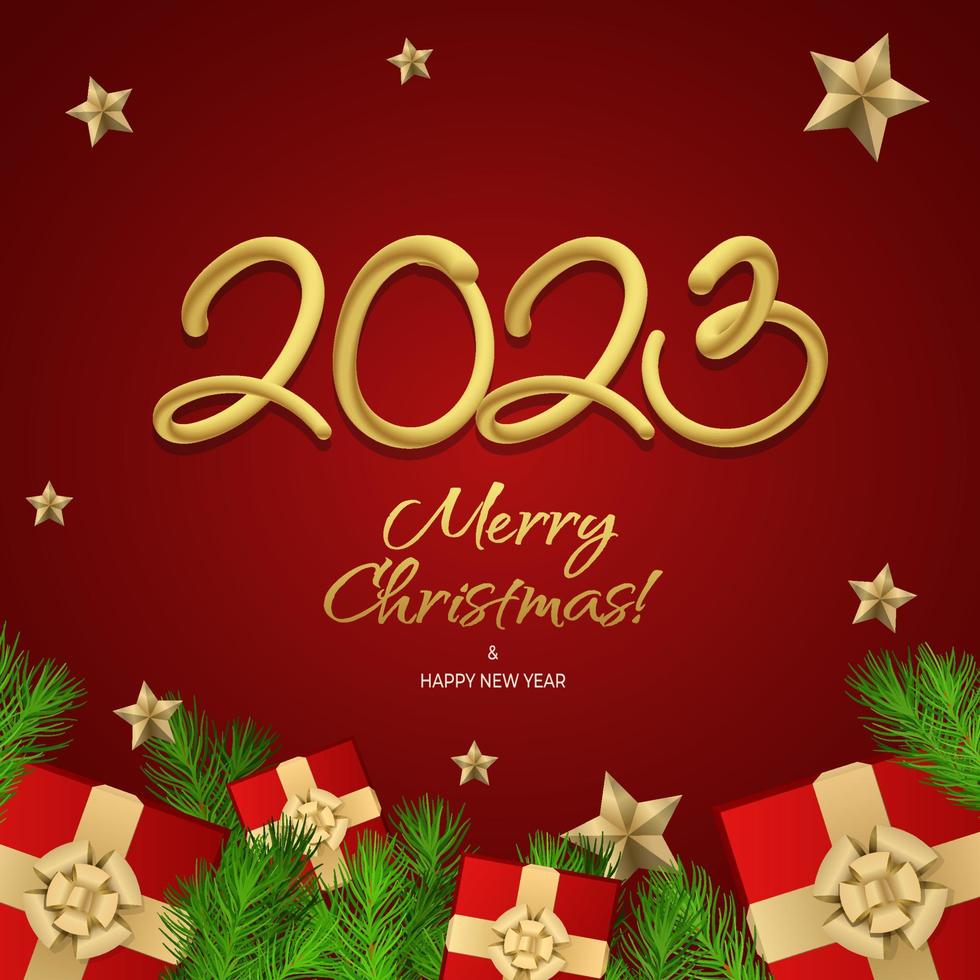 feliz año nuevo 2023 plantillas vectoriales de saludo. texto de saludo de diseño de feliz navidad con coloridos elementos de decoración de navidad como un regalo, rama de abeto, estrellas sobre un fondo rojo con oro de lujo. vector