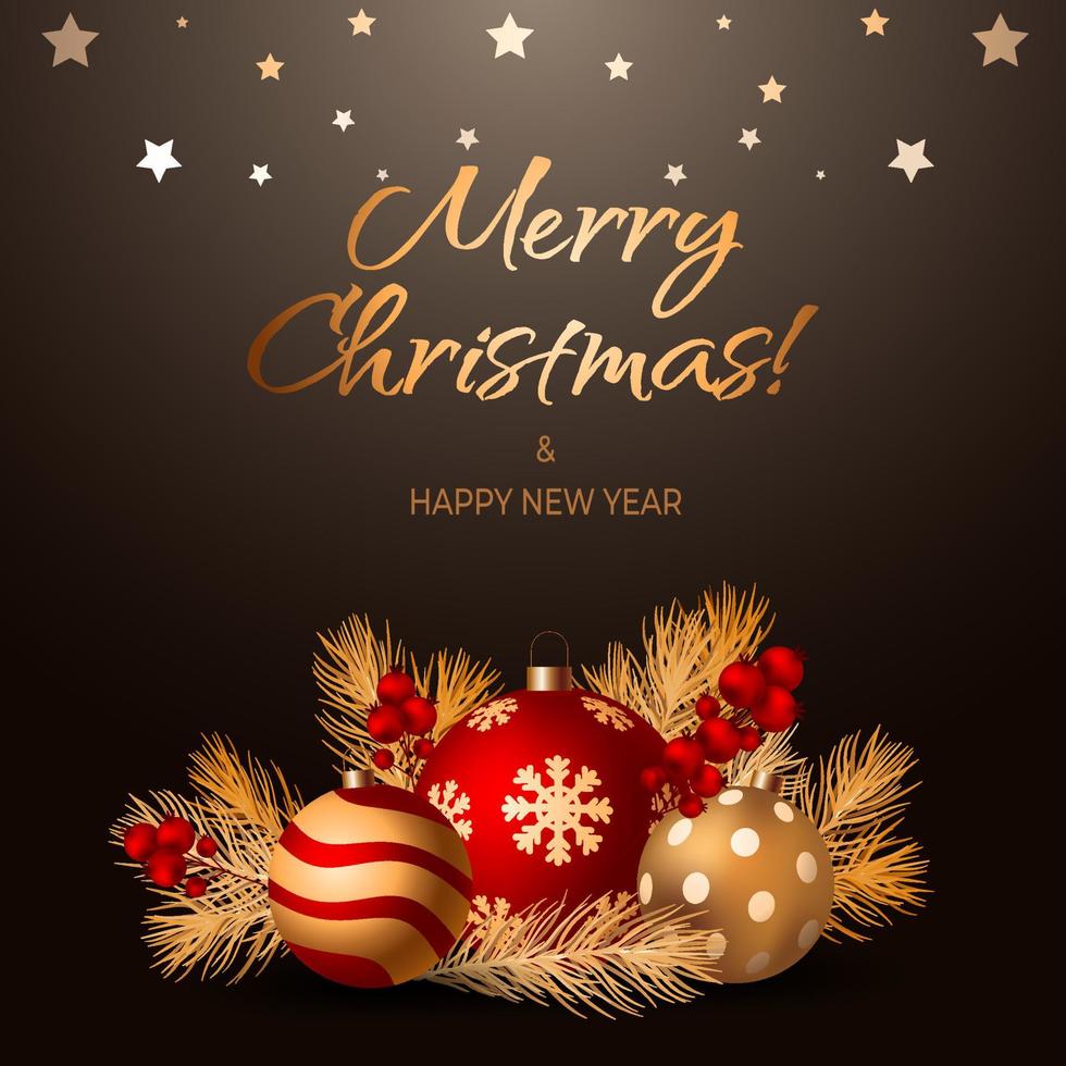 Merry Christmas and Happy New Year black promotional poster or banner design scene with balls and fir tree branch with berries for retail, shopping or promotion. Luxury gold text. Copy space. vector