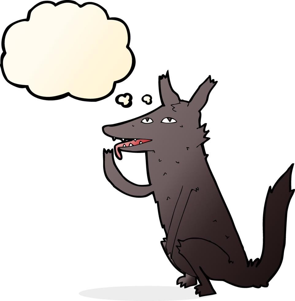 cartoon wolf licking paw with thought bubble vector