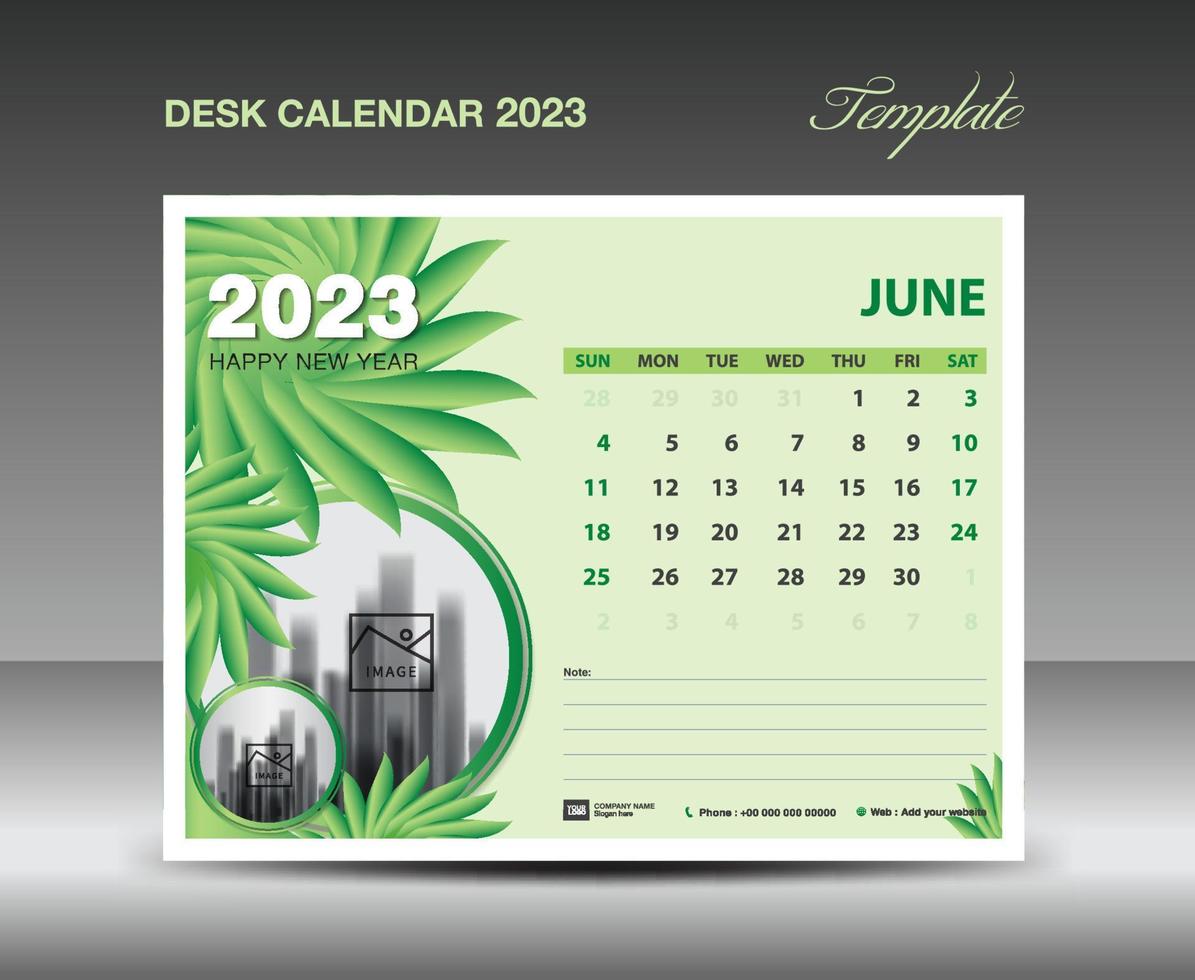 diseño de calendario 2023- plantilla de junio de 2023, plantilla de calendario de escritorio 2023 concepto de naturaleza de flores verdes, planificador, idea creativa de calendario de pared, anuncio, plantilla de impresión, vector eps10