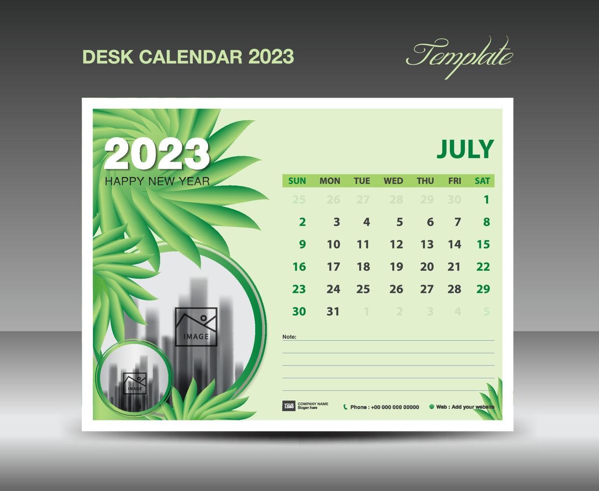 diseño de calendario 2023- plantilla de julio de 2023, plantilla de calendario de escritorio 2023 concepto de naturaleza de flores verdes, planificador, idea creativa de calendario de pared, anuncio, plantilla de impresión, vector eps10