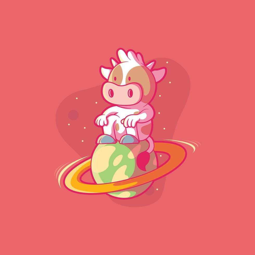 Cow Character on top of a planet in space vector illustration. Technology, space, funny design concept.