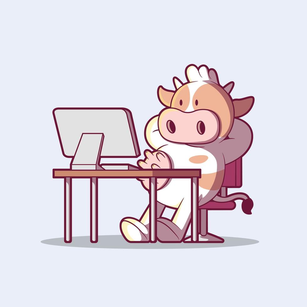 Cow Character working on a computer vector illustration. Business, motivation, brand design concept.