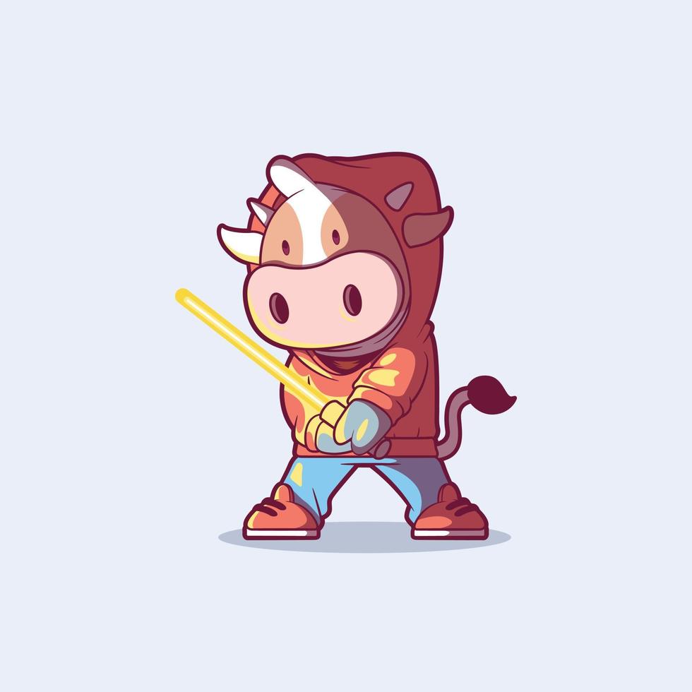 Cow Character holding a laser stick vector illustration. Funny, mascot, imagination design concept.