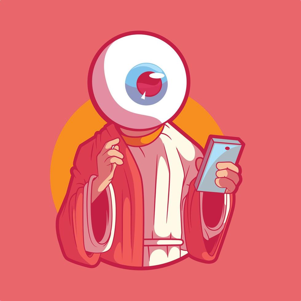 personaje de ojo grande mirando una ilustración de vector de teléfono inteligente. tecnología, privacidad, concepto de diseño divertido.