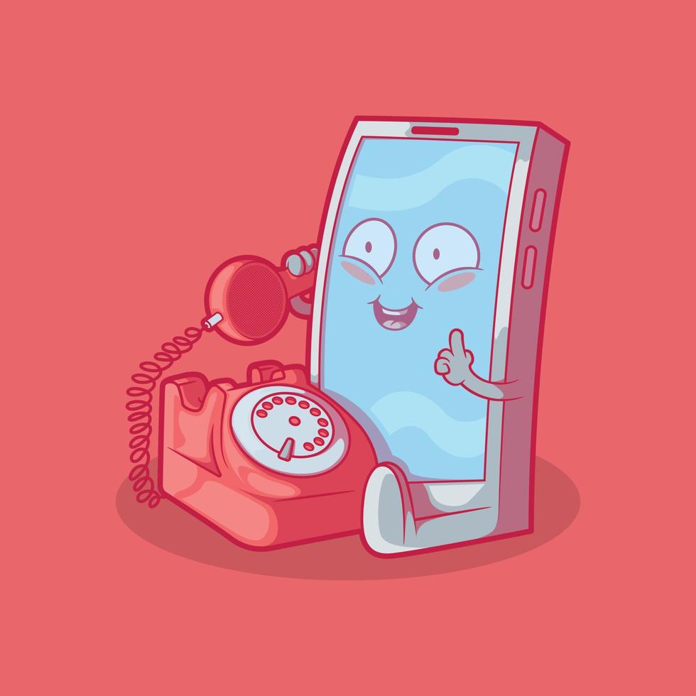 personaje de teléfono inteligente usando una ilustración de vector de teléfono vintage. tecnología, vintage, concepto de diseño divertido.