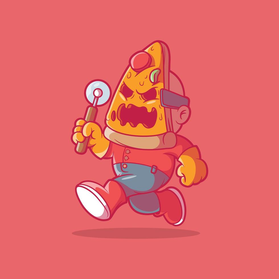 personaje aterrador corriendo con una ilustración de vector de máscara de pizza. marca, películas, concepto de diseño aterrador.