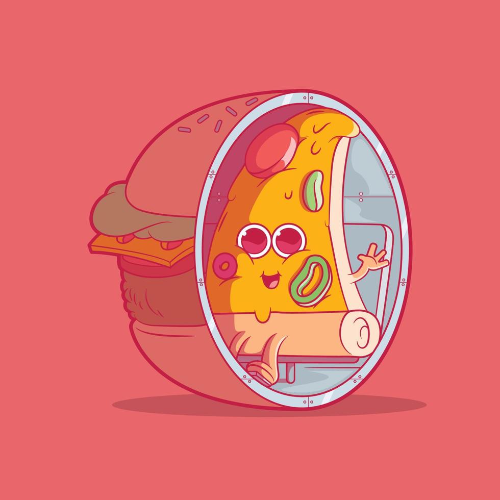 Pizza character inside a burger vector illustration. Food, funny design concept.
