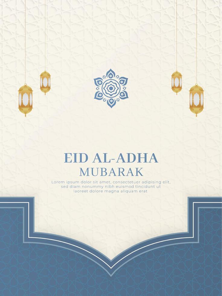 Eid al-Adha Mubarak Islamic Arabic White Background with Geometric Pattern and Beautiful Ornament with Lanterns vector