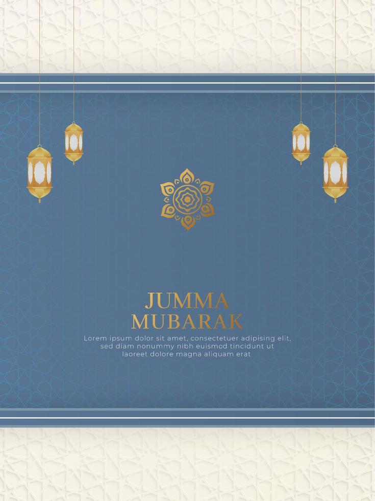 Jumma Mubarak, Islamic Arabic Blue Background with Geometric Pattern Border Frame and Beautiful Ornament vector