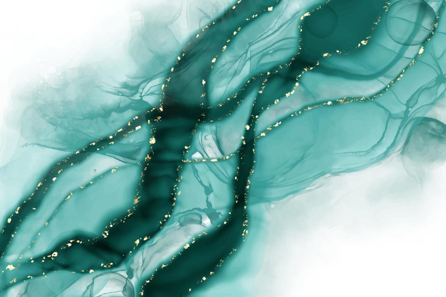 Pastel cyan mint liquid marble watercolor background with gold lines and brush stains. Teal turquoise marbled alcohol ink drawing effect. Vector illustration backdrop, watercolour wedding invitation.