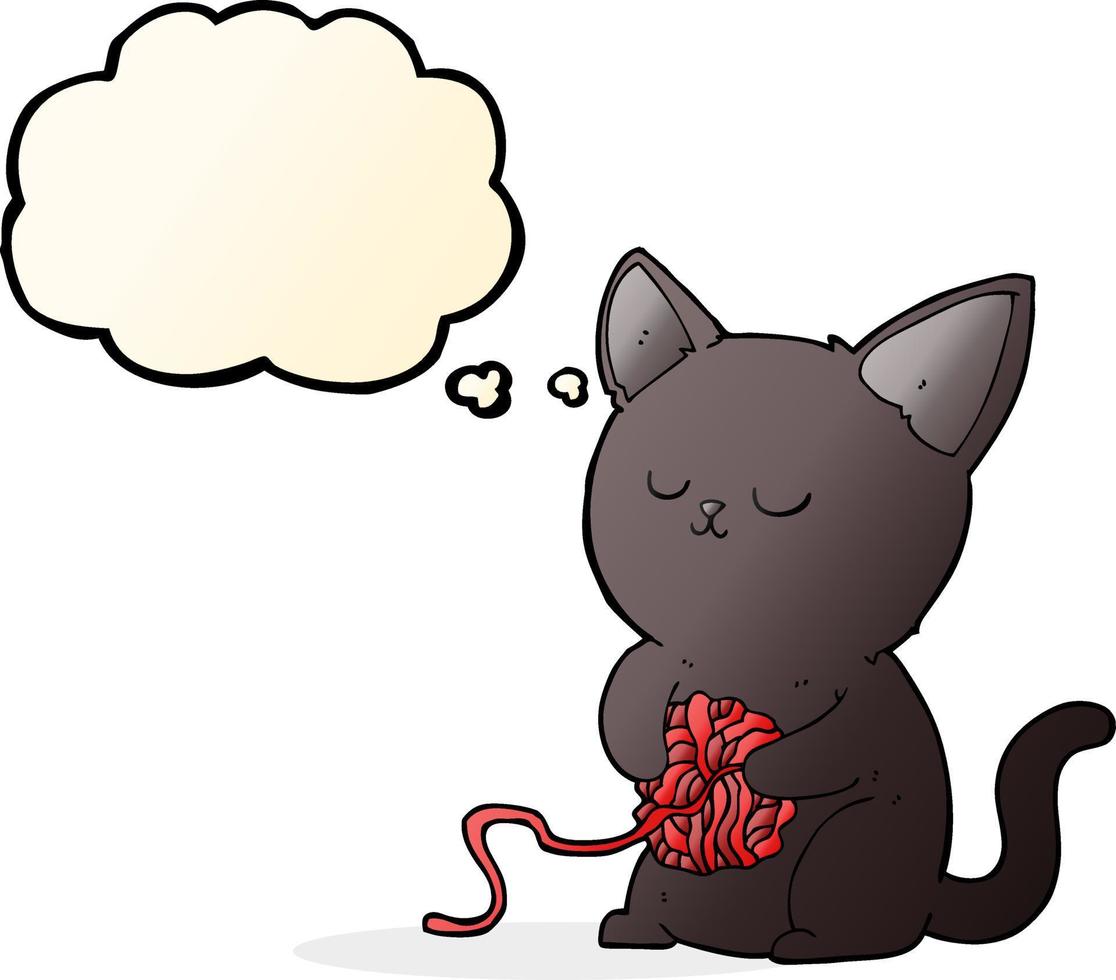 cartoon cute black cat playing with ball of yarn with thought bubble vector