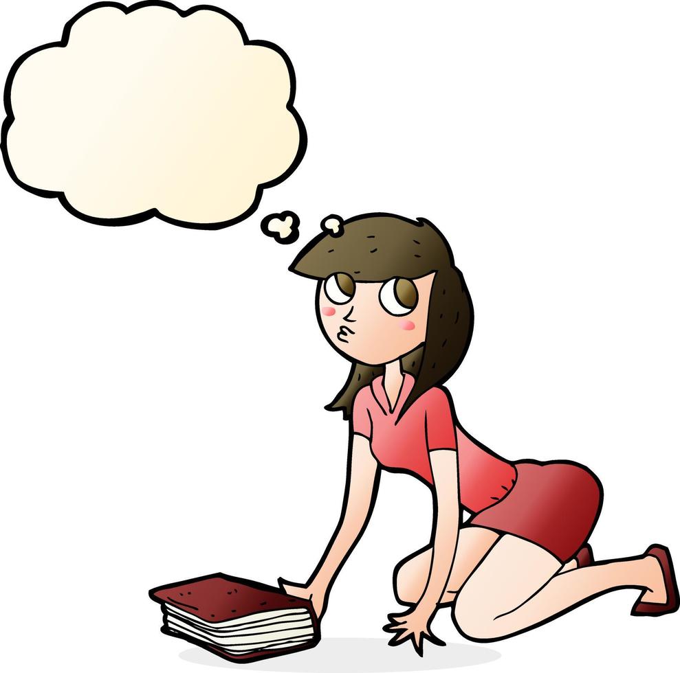 cartoon girl picking up book with thought bubble vector