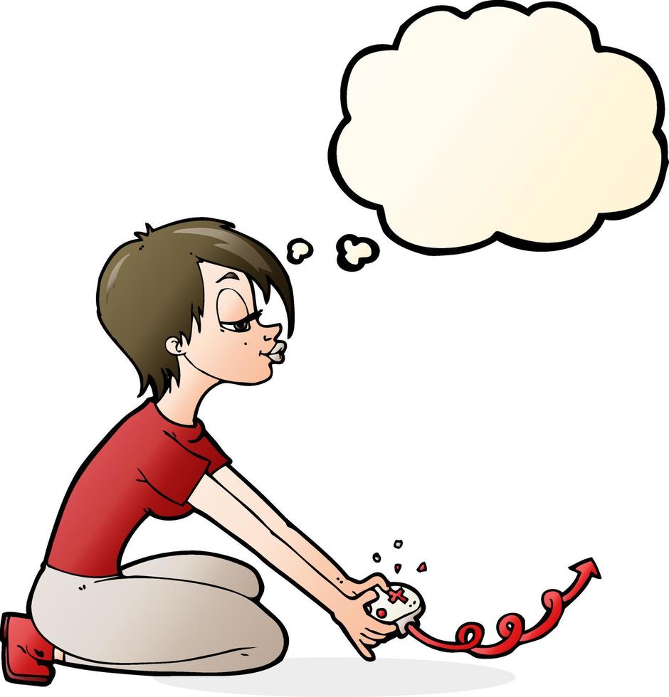 cartoon girl playing computer games with thought bubble vector