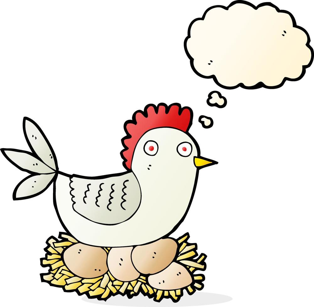 caricatura, gallina, en, huevos, con, burbuja del pensamiento vector