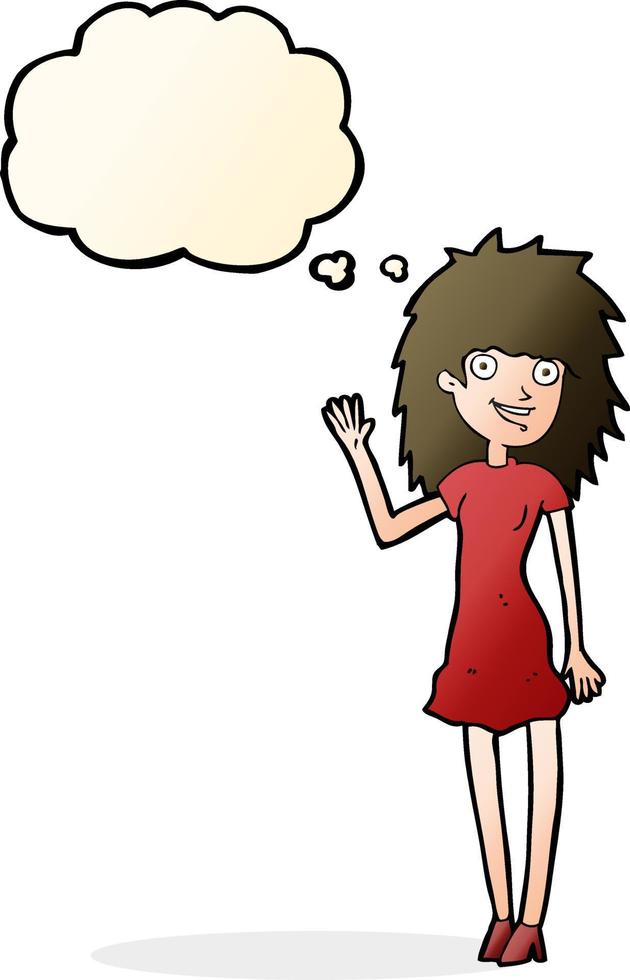 cartoon happy woman waving with thought bubble vector
