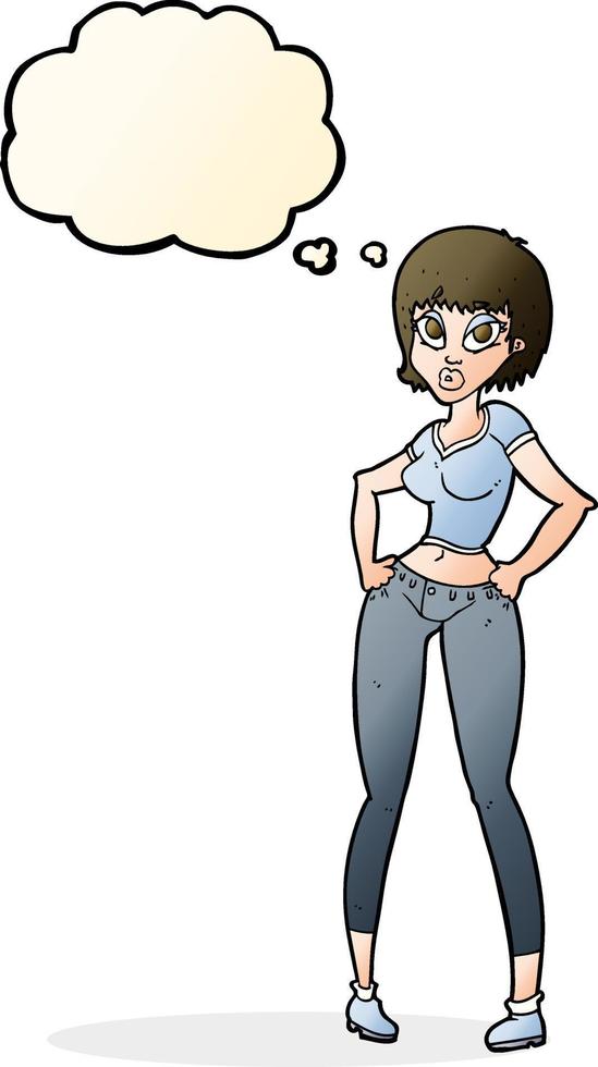 caricatura, lindo, mujer, con, burbuja del pensamiento vector