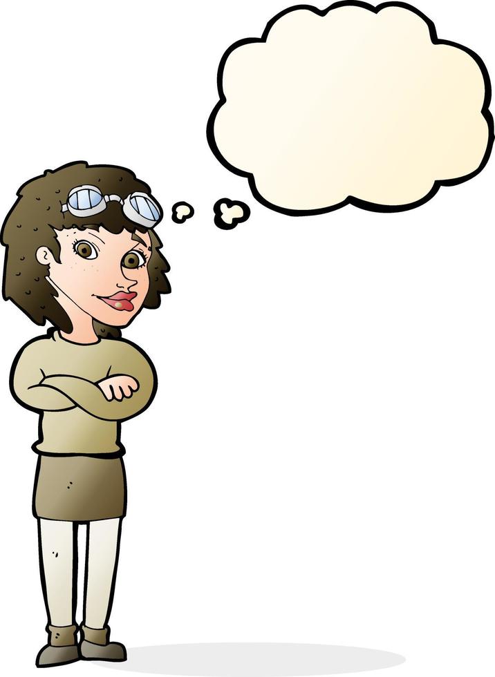 cartoon woman with crossed arms and safety goggles with thought bubble vector