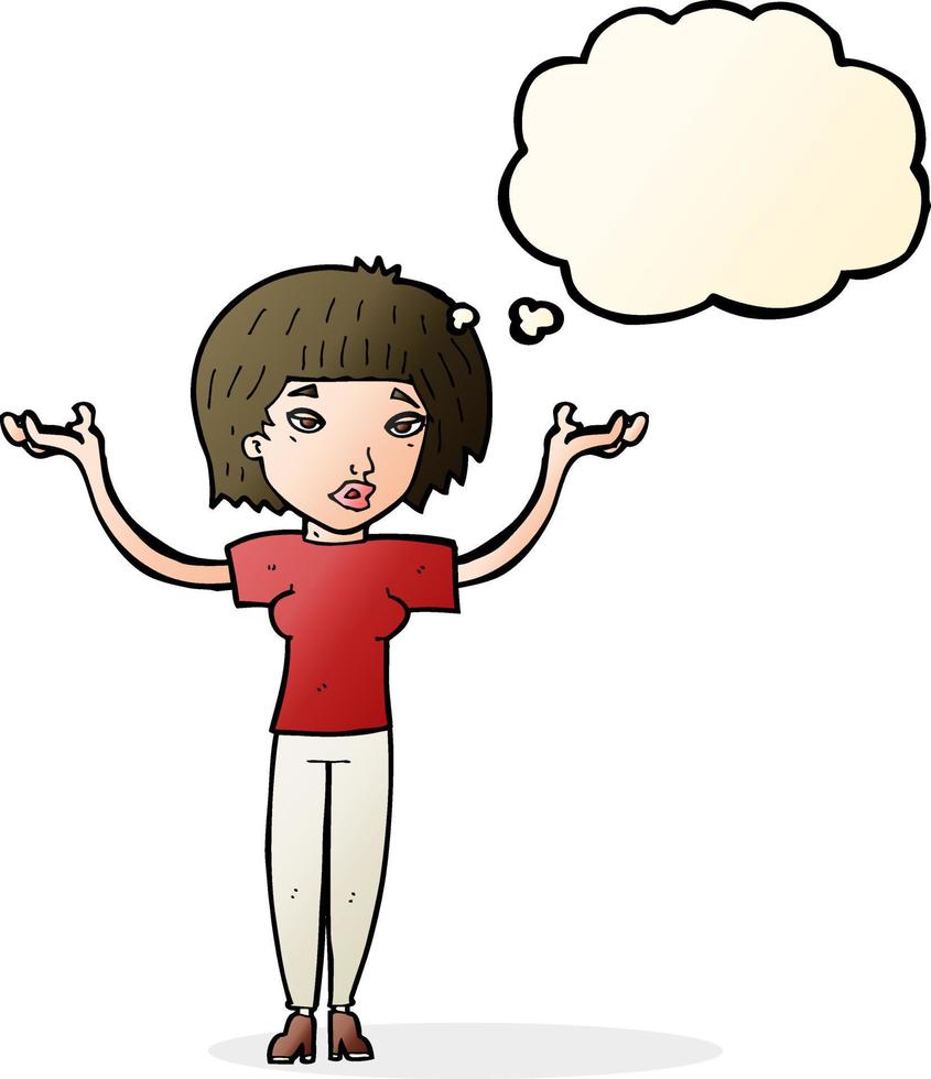 cartoon woman shrugging shoulders with thought bubble vector