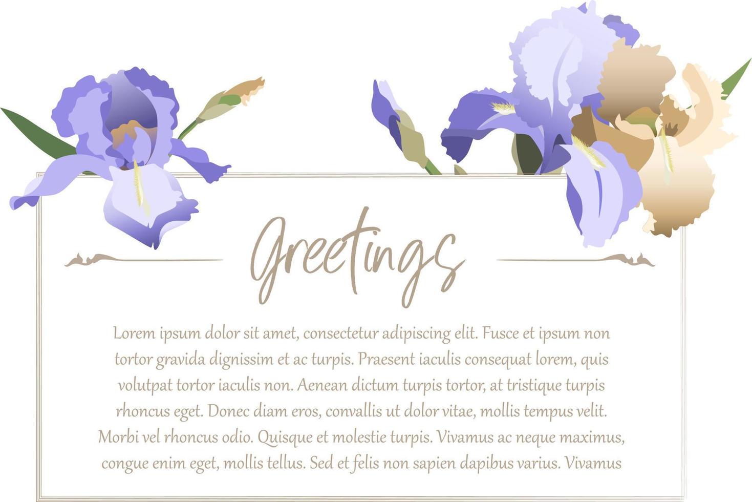 plantilla de diseño de tarjeta de felicitación con flores de iris azul, espacio de copia incluido vector