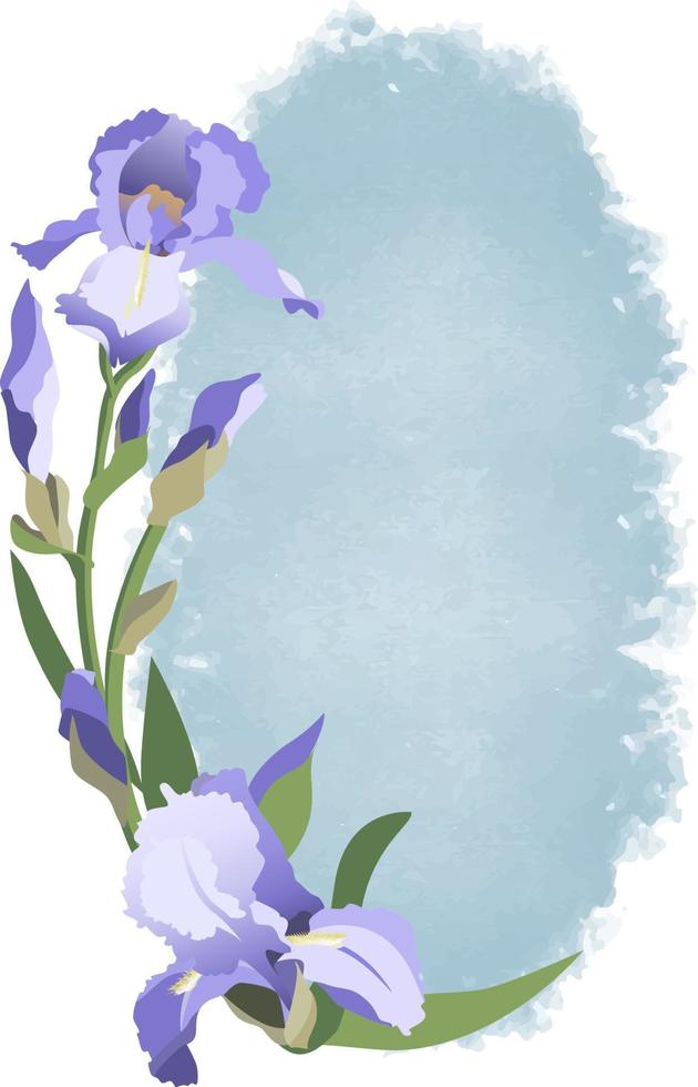 Floral template with wreath of purple iris flowers with leaves on watercolor styled background vector