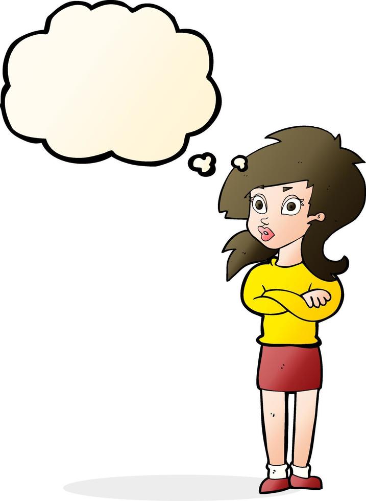 cartoon woman with folded arms with thought bubble vector