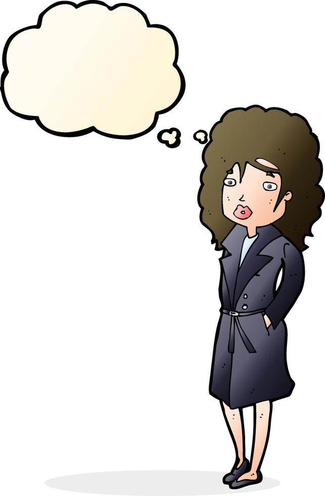 cartoon woman in trench coat with thought bubble vector