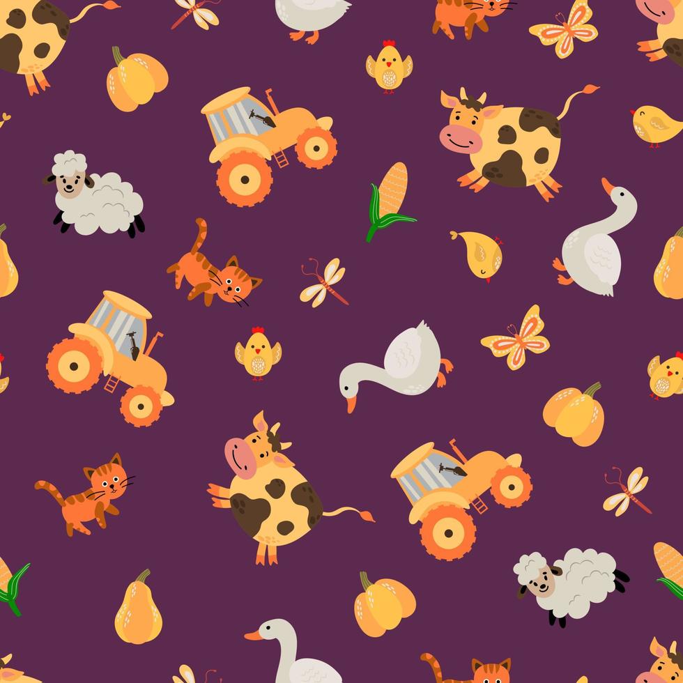 Farm. Seamless pattern with tractor, cow, goose, sheep, cat, chicken. Design for fabric, textile, wallpaper, packaging. vector