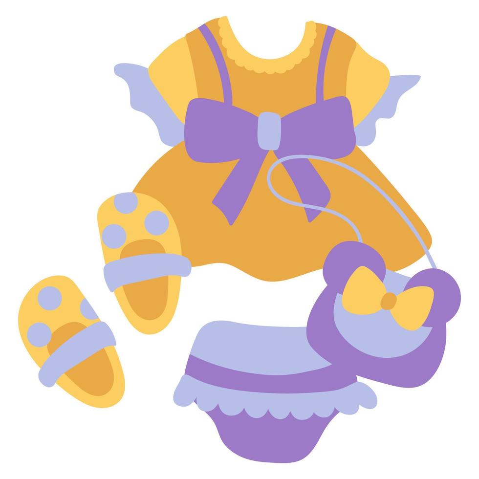 Cute dress with sandals, purse and panties for baby. White background, isolate. vector illustration.