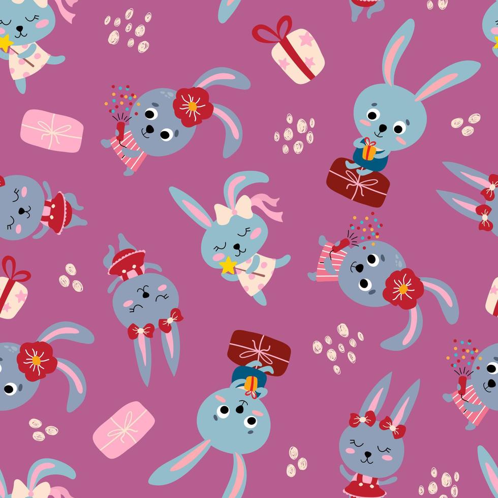 Seamless pattern with cute rabbits. Hand drawn style. Design for fabric, textile, wallpaper, packaging. vector
